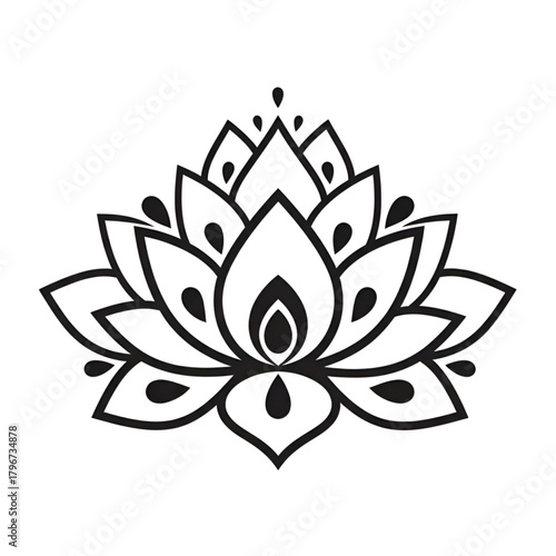 Black and white lotus flower design with detailed petals and teardrop accents