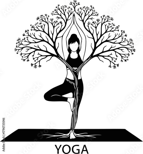 Stylized illustration of a woman in a yoga tree pose, elegantly symbolizing balance, harmony, and a deep connection with nature. Perfect for wellness, mindfulness, and healthy lifestyle designs