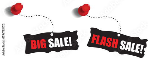 Big Sale and Flash Sale Hanging Black Tags with Red Pushpins Vector