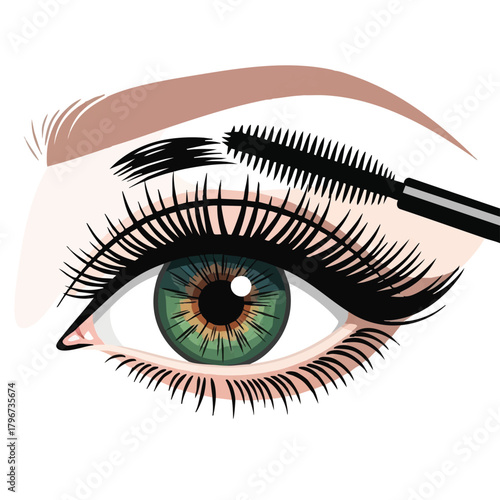 An illustrated eye with vibrant green iris, applying mascara to the long, dark eyelashes, showcasing beauty and cosmetic enhancement.