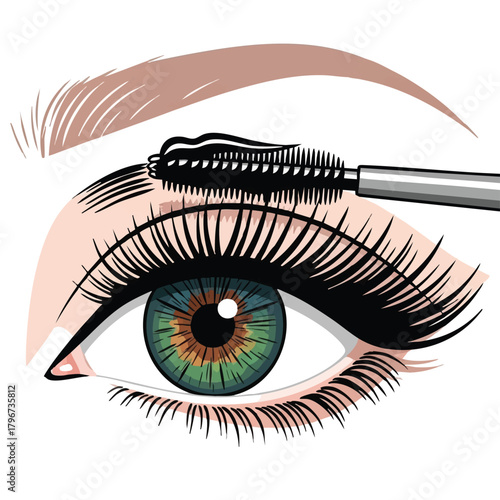 An illustrated eye with long lashes being styled with mascara, showcasing beauty and cosmetic application for a glamorous look and makeup process.