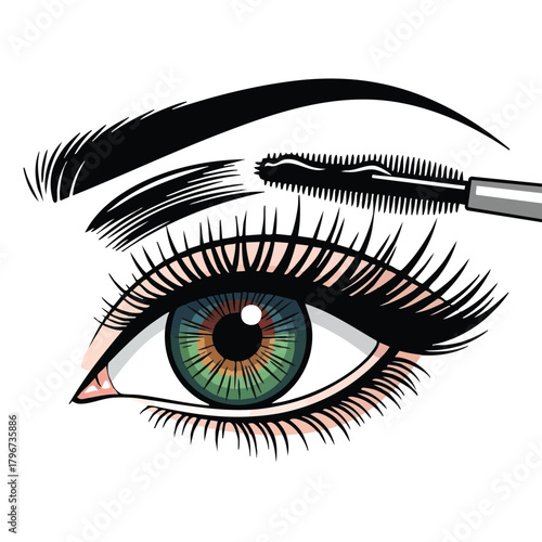 An illustrated eye with vibrant green iris and applying mascara to the eyelashes, a beauty and cosmetic concept for makeup.