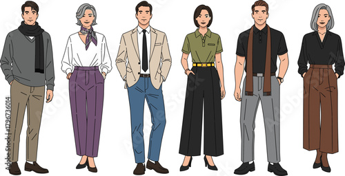 Collection of stylish people, diverse men and women in smart casual outfits, business and fashion characters, senior and young adults, vector illustration set.