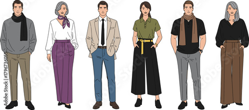 Collection of stylish people, diverse men and women in smart casual outfits, business and fashion characters, senior and young adults, vector illustration set.