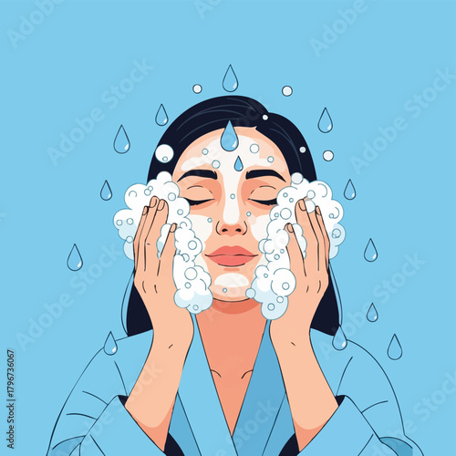 A woman with closed eyes enjoying a facial cleansing routine, surrounded by water droplets and foam, promoting skincare and beauty.
