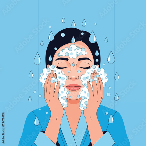 A woman with closed eyes washes her face with foamy soap and water droplets, creating a refreshing skincare routine.