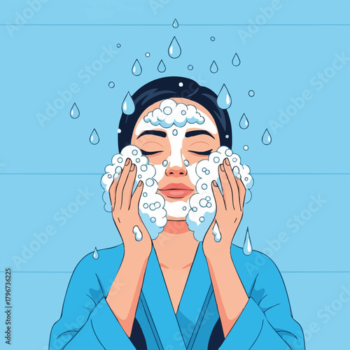 A woman enjoys a skincare routine, applying cleansing foam to her face with closed eyes, surrounded by water droplets.