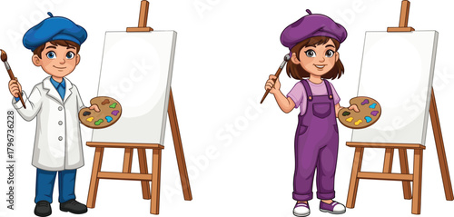 Cartoon artist children, boy and girl painters with berets, brushes, and palettes, stand by blank easel canvases, isolated vector illustration.