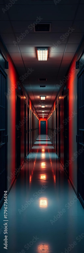 Fototapeta premium A dimly lit corridor with rows of identical cell doors, interior, passage