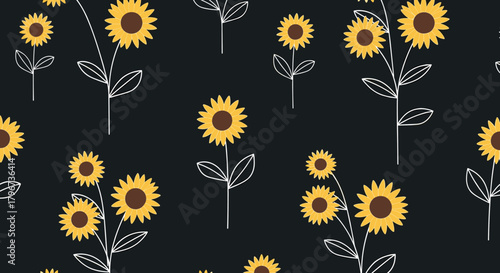 Seamless pattern of stylized yellow sunflowers with brown centers on a black background.