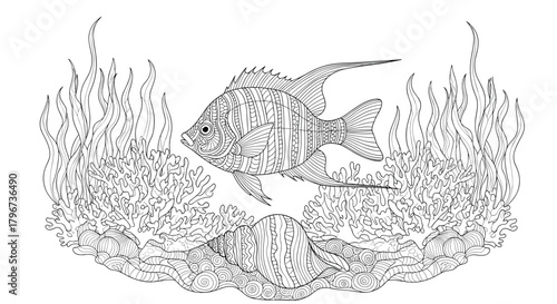 Detailed black and white illustration of a fish swimming among coral and seaweed.