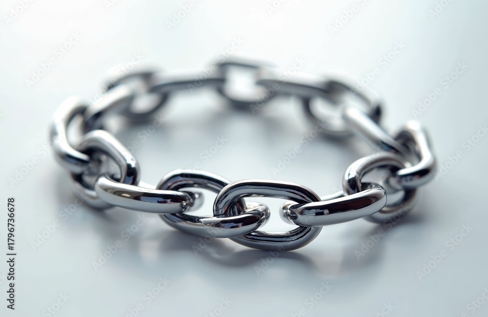 Fototapeta premium Shiny silver chain links are intertwined on a clean white background. This metallic pattern shows connection and strength. Its smooth surface reflects light.