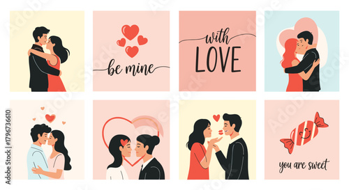 Set of cute valentine's day illustrations with couples and romantic phrases.