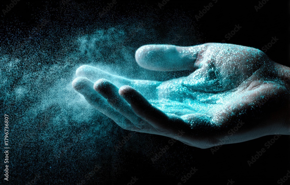 Fototapeta premium Hand releasing glowing blue particles into dark space. The particles have a glittery texture
