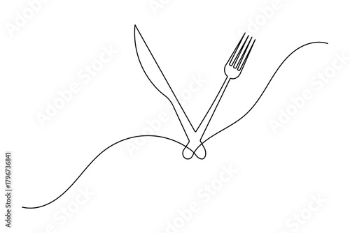 knife and fork continuous one line drawing of isolated minimalist outline vector icon