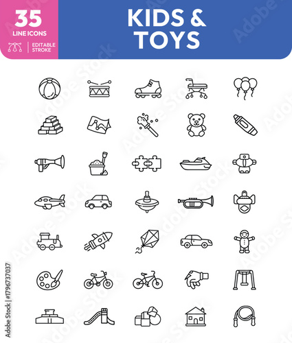 Collection of ThirtyFive Line Icons Representing Various Kids and Toys