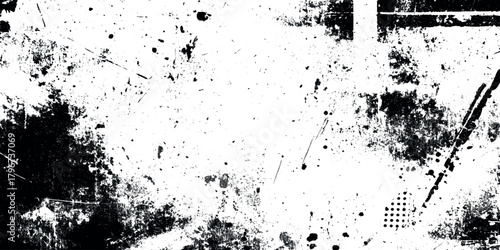 Black and white abstract grunge texture featuring heavy paint splatters, distressed brush strokes scratches.