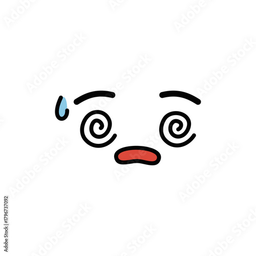 Cartoon face icon with swirly eyes and sweat drop, portraying dizziness, confusion, or unwellness