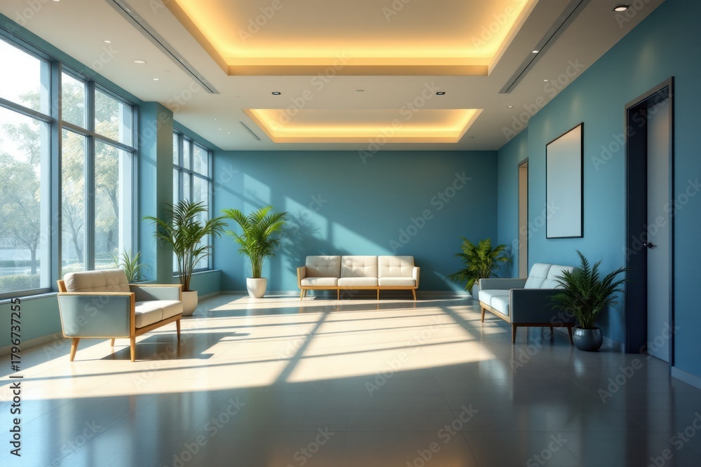 Fototapeta premium Modern waiting area with sunlight, blue walls, sofas, and plants