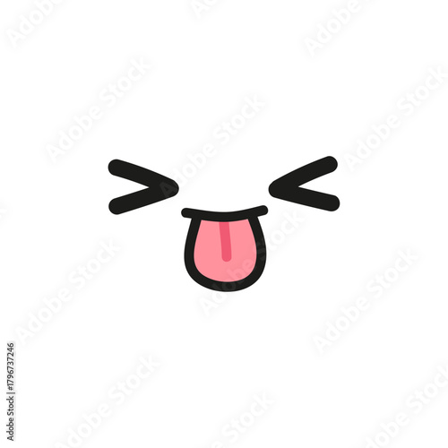 A cute and funny kawaii cartoon face with squinting eyes and a tongue sticking out in a playful expression