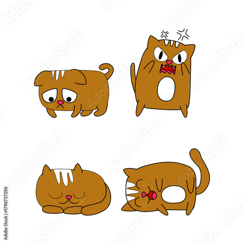 A collection of cute cartoon brown cat characters showing various emotions like sad, angry, and sleepy