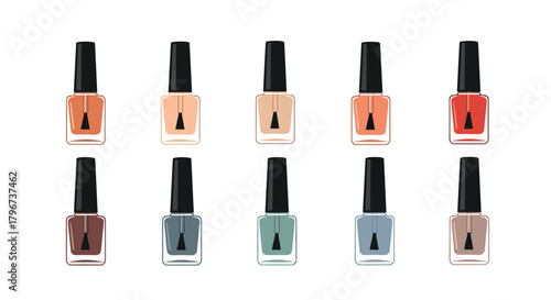 Collection of ten assorted nail polish bottles in various colors against a white background.