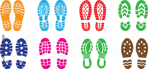 A collection of colorful barefoot prints and dark shoe sole imprints showcasing various patterns and types of human locomotion traces on a white background.