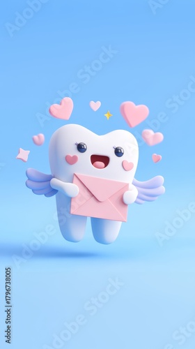 3D cute tooth fairy character with wings and love letter on vertical blue background for pediatric dentist valentine's day and mobile wallpaper