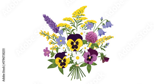 A vibrant bouquet of wildflowers including pansies, lavender, daisies, and bluebells tied with string.