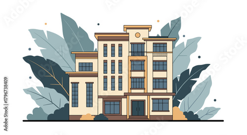 Stylized illustration of a multi-story apartment building surrounded by large tropical leaves.