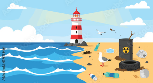 Polluted beach with lighthouse and radioactive waste drum littering the sand.