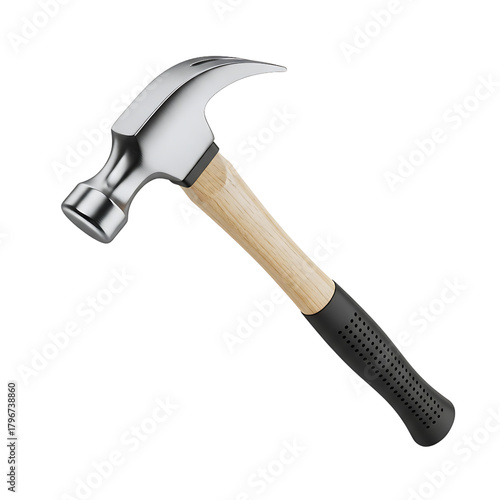 Shiny claw hammer with wooden handle isolated on white background