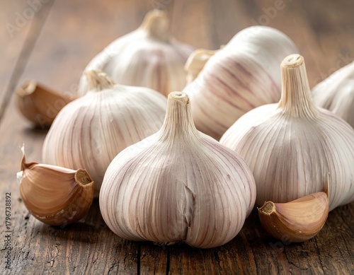 Garlic Bulbs and Cloves on Rustic Wooden Surface Close Up View