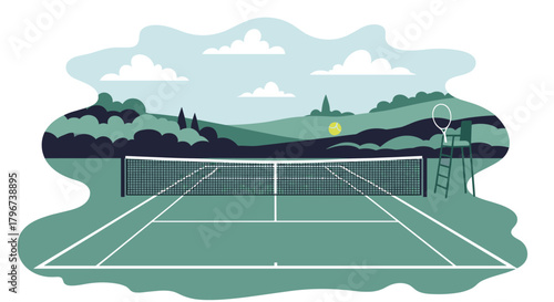 Tennis court with rolling green hills and cloudy sky in the background.