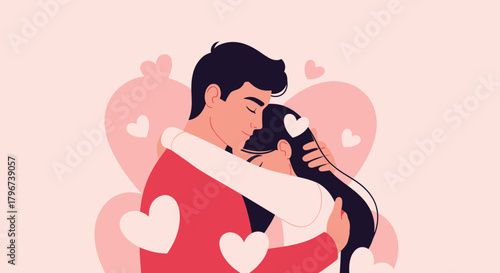 Couple embracing affectionately with hearts in the background, symbolizing love and romance.