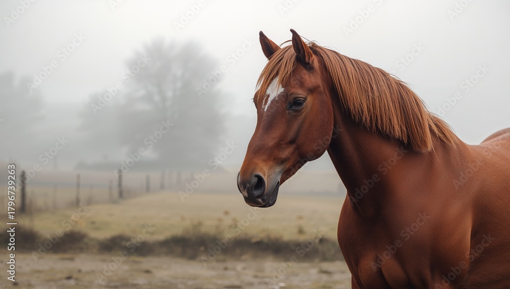 Naklejka premium Equine Portrait in Hazy Light, Soft Focus on Abstract Natural Background.