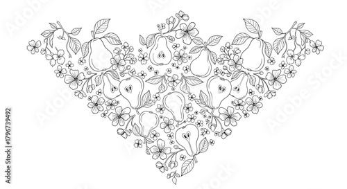 Outline illustration of pears and blossoms forming a decorative triangular pattern.