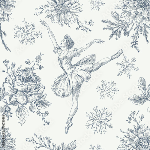 Vector Blue Toile Christmas Seamless Pattern 21 with Ballerina, Flowers and Snowflakes