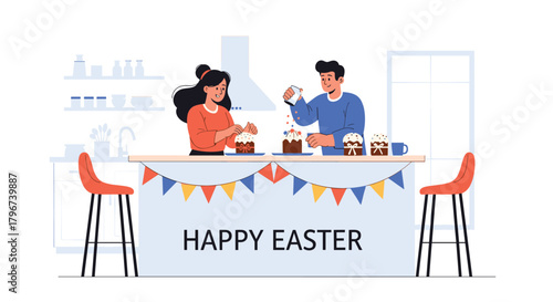 A couple decorates Easter cakes in a modern kitchen with colorful bunting and 'Happy Easter' text.