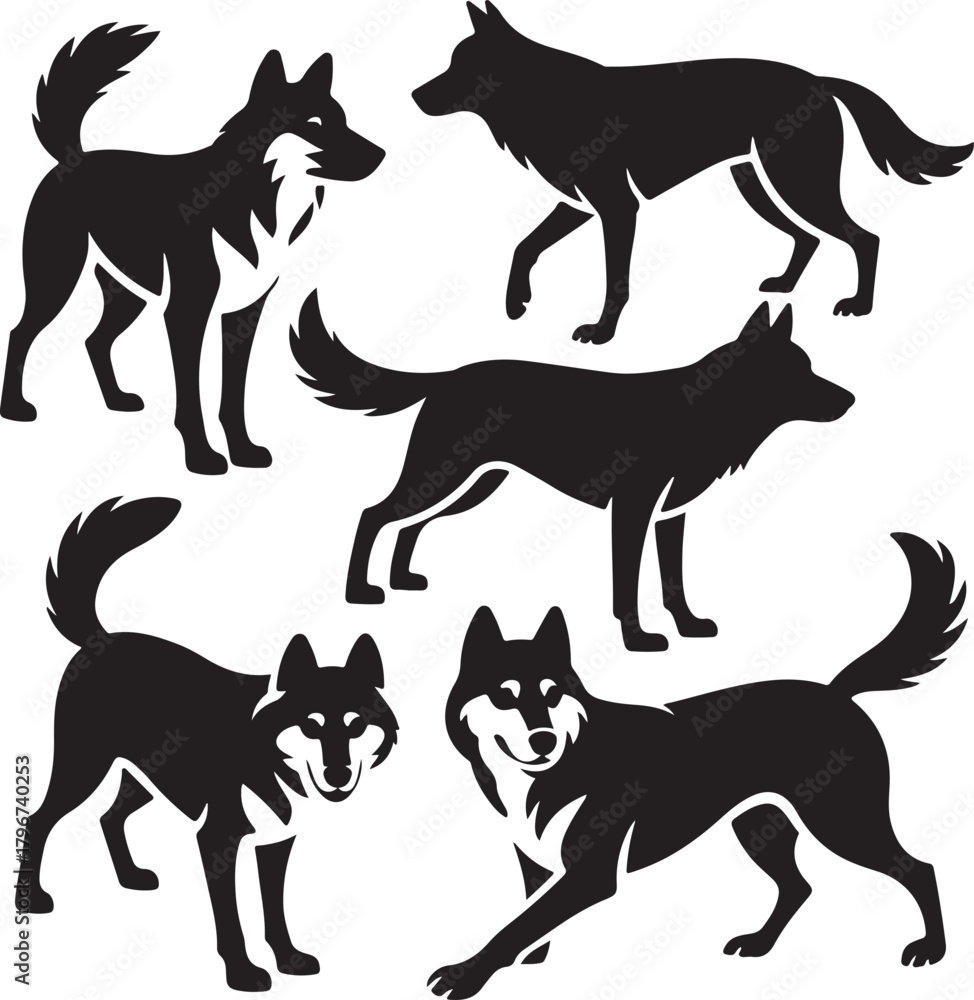 Fototapeta premium Wolf Contour Vector Silhouette Set Elegant Animal Illustrations in Simple Style