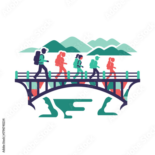 Five people with backpacks walk across a bridge toward stylized mountains and trees.