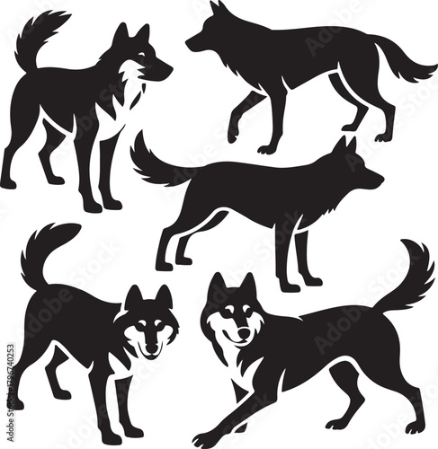 Wolf Contour Vector Silhouette Set Elegant Animal Illustrations in Simple Style