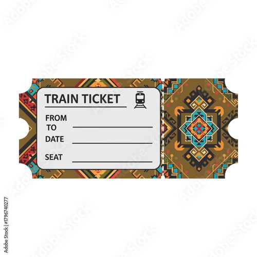Decorative train ticket with text fields and ornate patterned sections.
