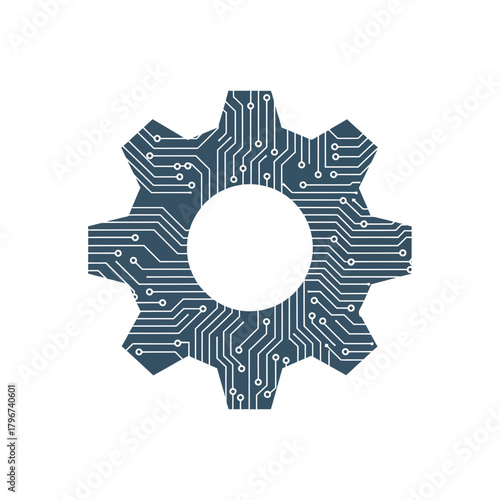 Gear icon with circuit board design representing technology and engineering concepts.