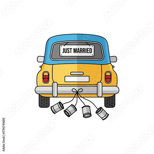 A yellow car with a "just married" sign and cans trailing behind.