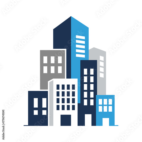 Several stylized buildings of varying heights and shades of blue and gray.