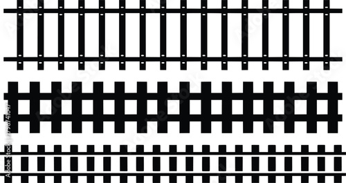 Illustration realistic train tracks with straight, curved sections. Features steel rails, concrete ties, fasteners. Offers top-down, perspective views of railway lines, ideal for transport, industry,