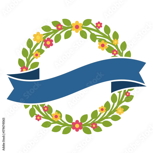 A floral wreath encircles a blue ribbon banner suitable for text or design elements.