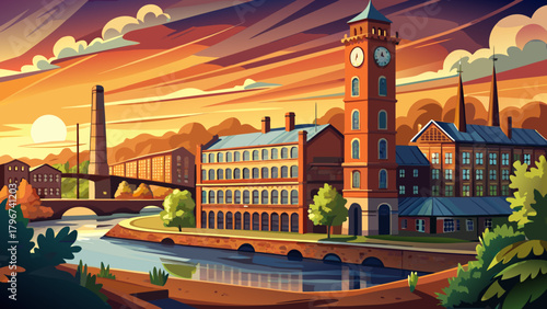 Very beautiful historic cotton mill with a classic clock tower in an old industrial park along the Nashua River, warmly illuminated by golden May sunset light in a wide panoramic composition.