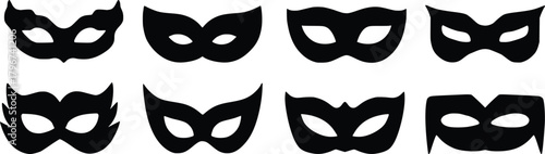 Black mask vector icon collection. Different masks silhouette isolated on white background. Set Superman, Superhero themes, cosplay graphics, comic illustrations, logo, and creative designs. powerful.